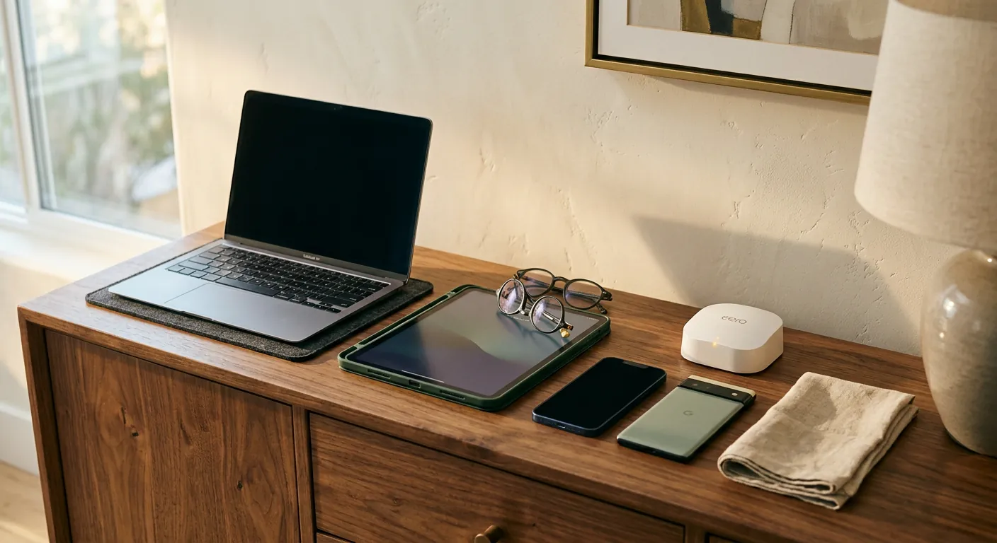 A laptop, phones, a tablet and a Wi-Fi router arranged neatly on a walnut sideboard in warm light