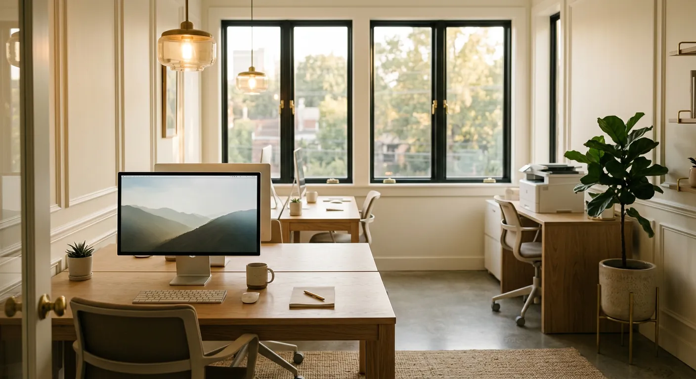A bright small office with oak desks, monitors and warm pendant lights